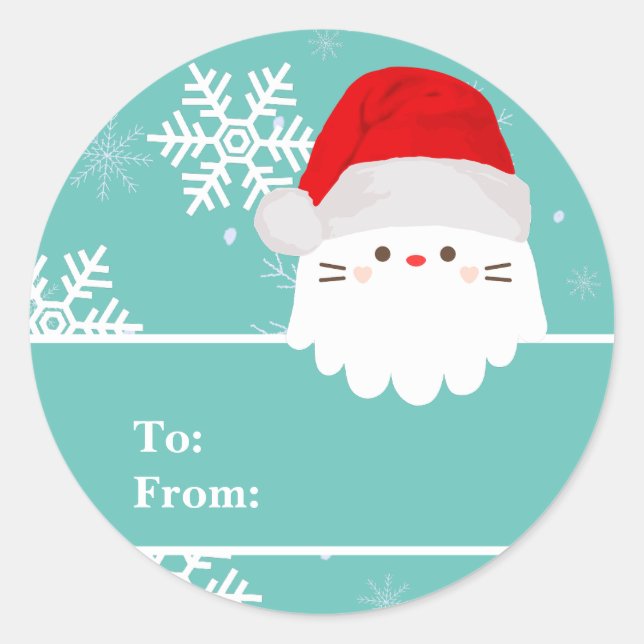 Light Teal Blue Santa Cat Christmas Gift To From Classic Round Sticker (Front)