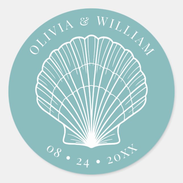 Light Teal Blue Seashell Beach Coastal Wedding  Classic Round Sticker (Front)