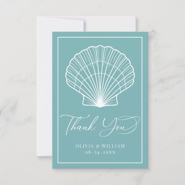 Light Teal Blue Seashell Beach Wedding Elegant Thank You Card (Front)