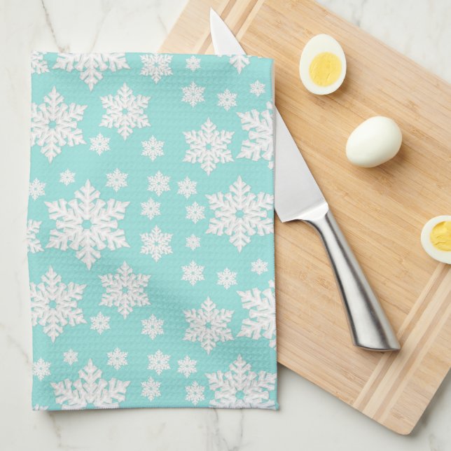 Light Teal Blue Snowflake Pattern Tea Towel (Quarter Fold)
