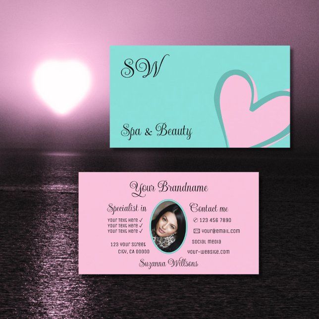 Light Teal Cute Pink Heart with Monogram and Photo Business Card (Creator Uploaded)
