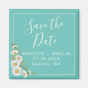 Light Teal & Daisies Save The Date  Square Magnet