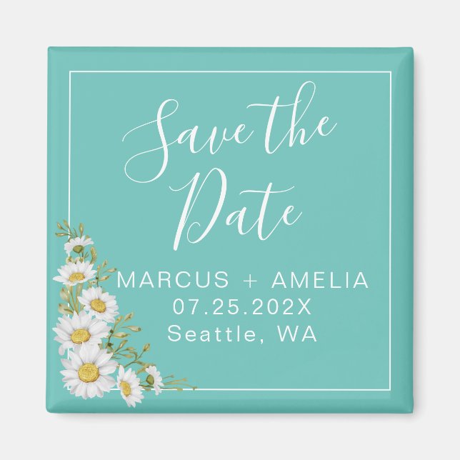 Light Teal & Daisies Save The Date  Square Magnet (Front)