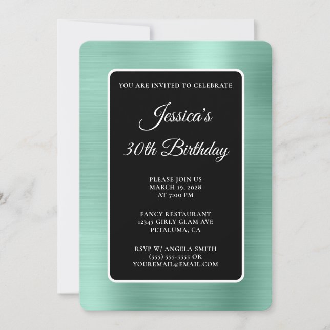 Light Teal Foil Black and White 30th Birthday Invitation (Front)