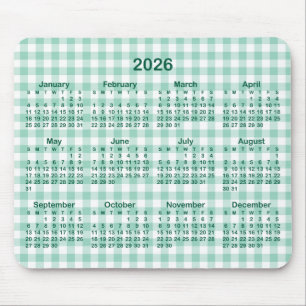 Light Teal Gingham Hunter Green 2026 Calendar Mouse Mat