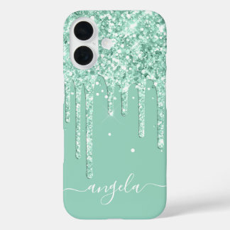 Light Teal Glitter Drips Glam Signature iPhone 16 Case