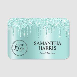 Light Teal Glitter Drips Shimmer Name Tag