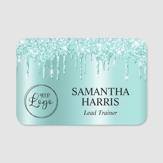 Light Teal Glitter Drips Shimmer Name Tag (Front)