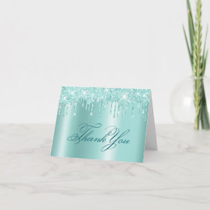 Light Teal Glitter Drips Shimmer Thank You Card