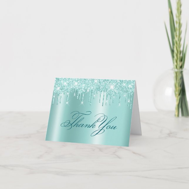 Light Teal Glitter Drips Shimmer Thank You Card (Front)