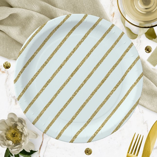 Light Teal Gold Glitter Stripe Pattern Paper Plate (Creator Uploaded)
