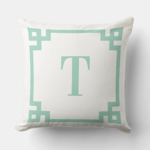 Light Teal Greek Key Border Monogram Cushion