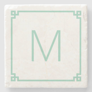 Light Teal Greek Key Border Monogram Stone Coaster