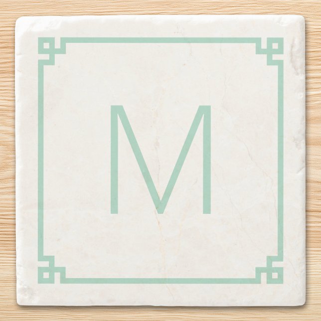 Light Teal Greek Key Border Monogram Stone Coaster (Light Teal Greek Key Border Monogram Stone Coaster)