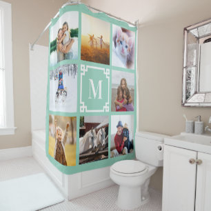 Light Teal Greek Key Monogram 8 Photo Collage Shower Curtain