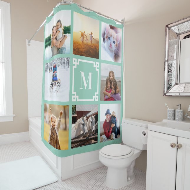 Light Teal Greek Key Monogram 8 Photo Collage Shower Curtain (In Situ)