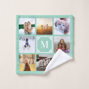 Light Teal Greek Key Monogram 8 Photo Collage Wash Cloth