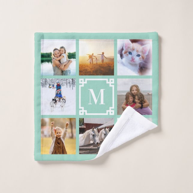 Light Teal Greek Key Monogram 8 Photo Collage Wash Cloth (Wash Cloth)