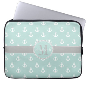 Light Teal Grey Moroccan Quatrefoil Monogram Laptop Sleeve