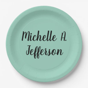 Light Teal Handwriting Creative Trendy Name Paper Plate