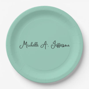 Light Teal Handwriting Creative Trendy Name Paper Plate