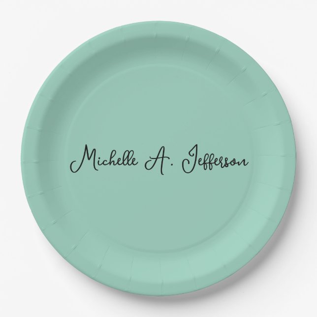 Light Teal Handwriting Creative Trendy Name Paper Plate (Front)
