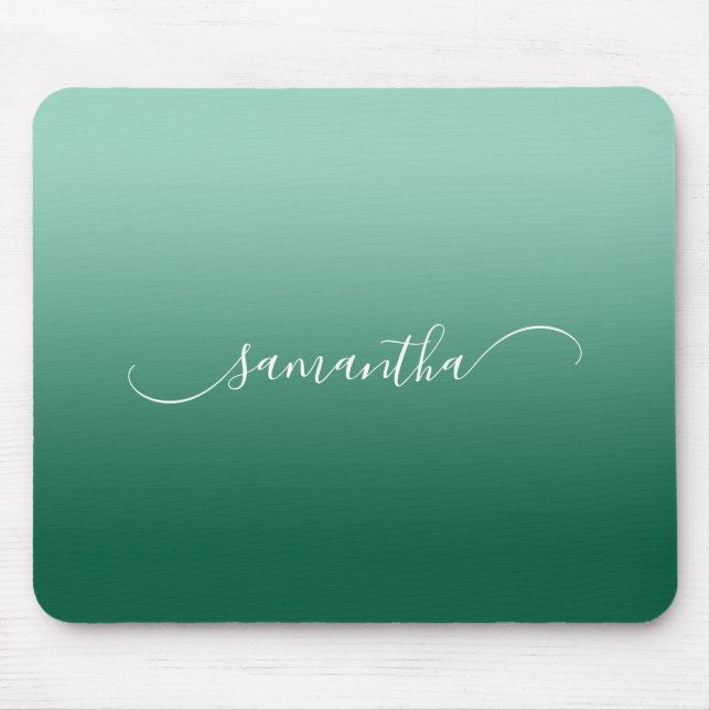 Light Teal Hunter Green Ombre Curved Swash Name Mouse Mat (Front)