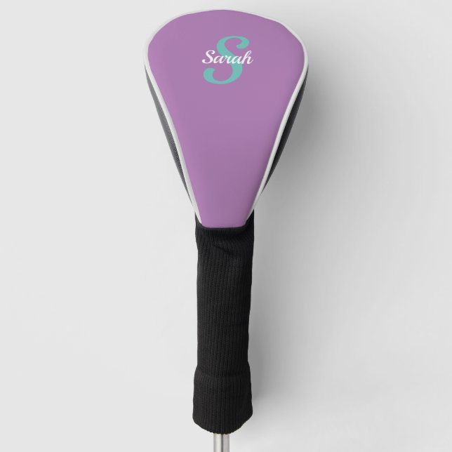 Light Teal Monogram & White Name on Purple Golf Head Cover (Front)
