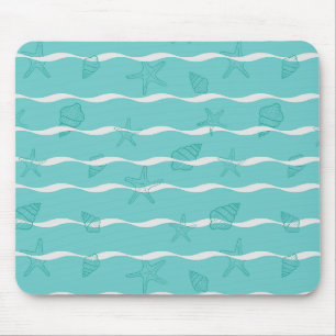 Light Teal Ocean Waves & Seashells Seamless Patter Mouse Mat