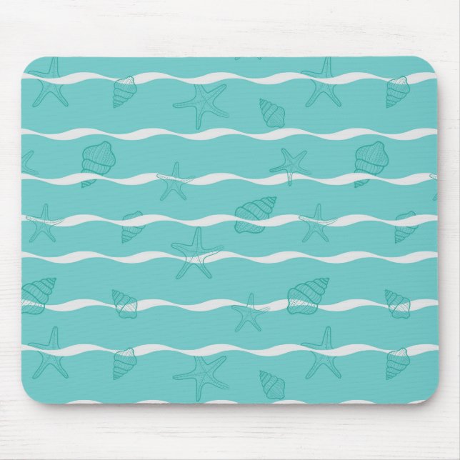 Light Teal Ocean Waves & Seashells Seamless Patter Mouse Mat (Front)