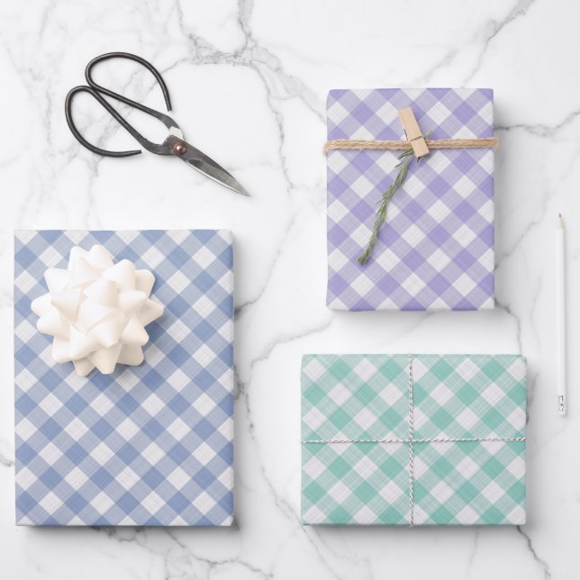 Light Teal Periwinkle Violet Blue Gingham Wrapping Paper Sheet (Front)
