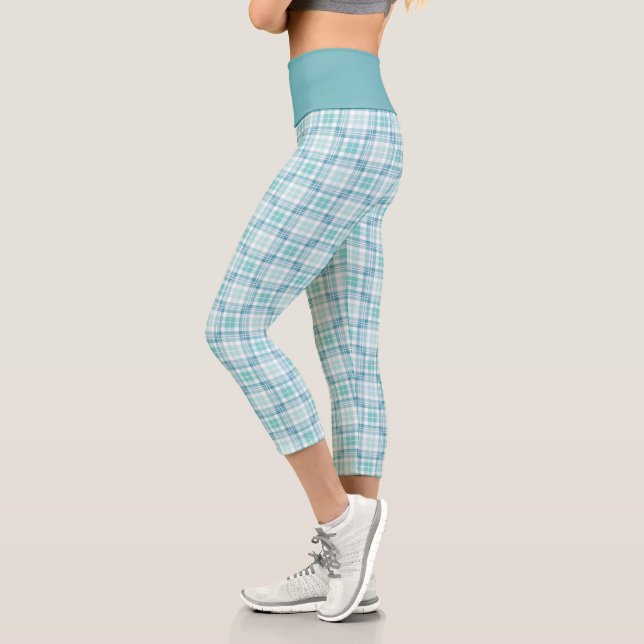 Light Teal Plaid Pastel Pattern Tartan Powder Blue Capri Leggings (Left)