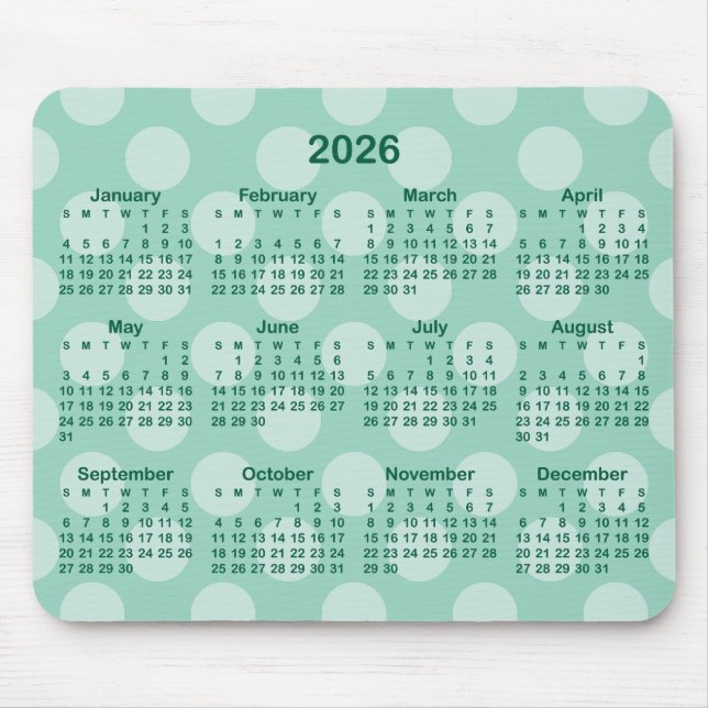 Light Teal Polka Dot Hunter Green 2026 Calendar Mouse Mat (Front)