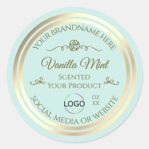Light Teal Product Label with Gold Frame and Logo
