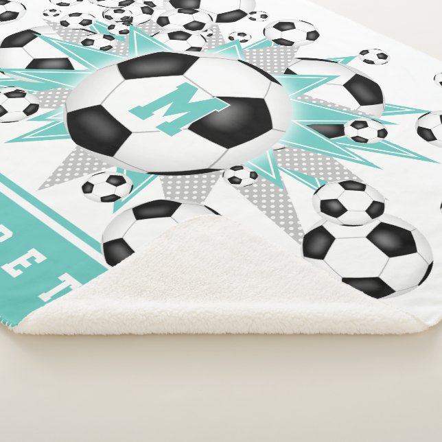 light teal soccer balls stars girls sports room sherpa blanket (3/4)
