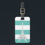 Light Teal Stripes Eiffel Tower | Custom Name Luggage Tag<br><div class="desc">Chic luggage tag with white and light teal stripes and the eiffel tower.</div>