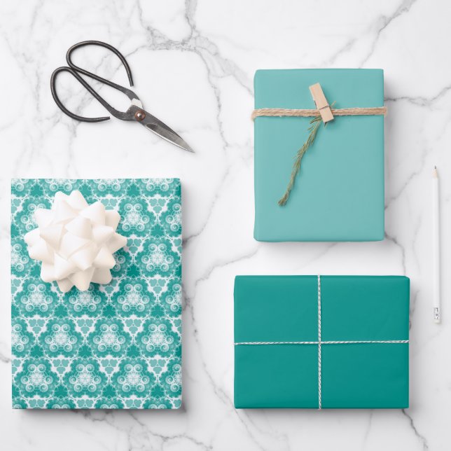 Light Teal Swirl Pattern w/Solids Wrapping Paper Sheet (Front)