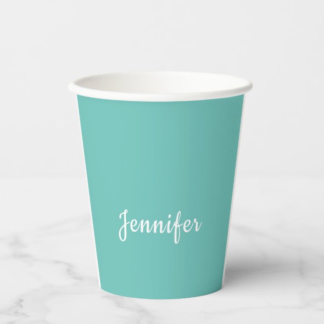 Light Teal Trendy Modern Minimalist Chic Name Paper Cups (Front)