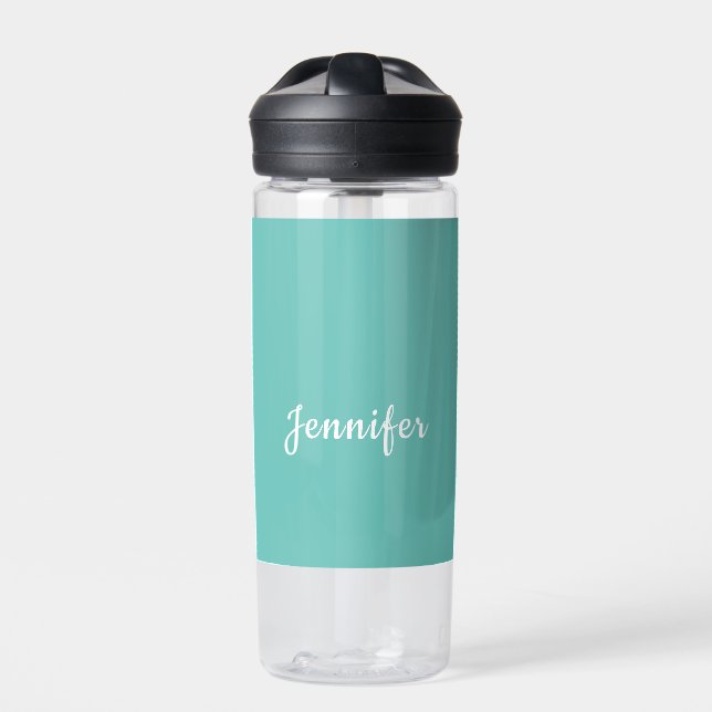Light Teal Trendy Modern Minimalist Chic Name Water Bottle (Front)