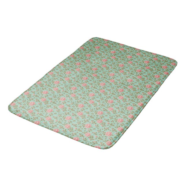 Light Teal Vintage Pink Rose Flowers Bath Mat (Angled)