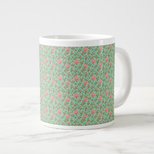 Light Teal Vintage Pink Rose Flowers Large Coffee Mug