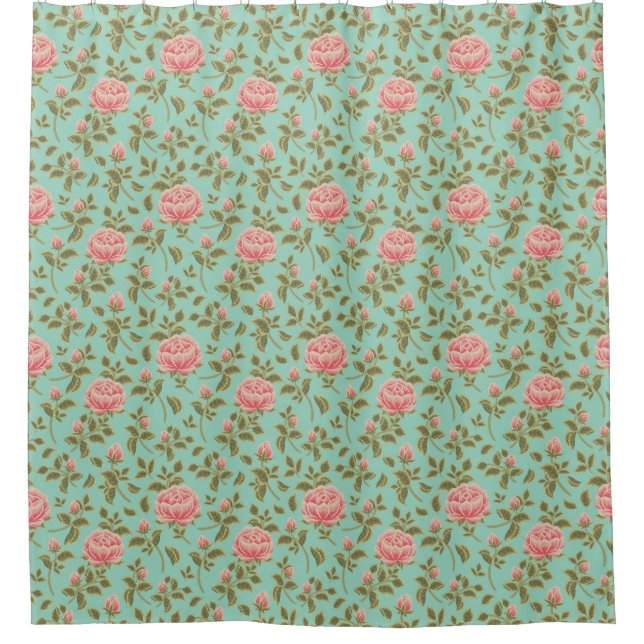 Light Teal Vintage Pink Rose Flowers Shower Curtain (Front)