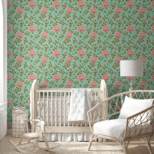 Light Teal Vintage Pink Rose Flowers Wallpaper