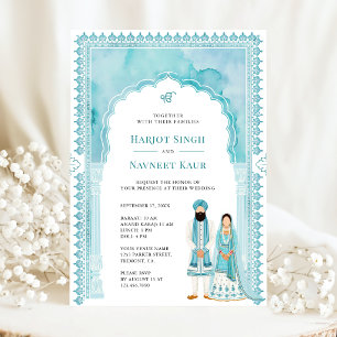 Light Teal Watercolor Arch Frame Sikh Wedding Invitation