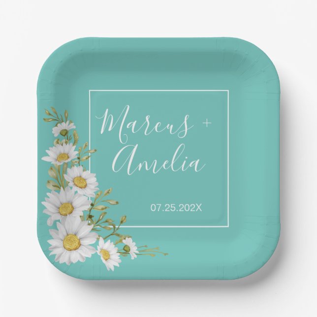 Light Teal & White Daisies Wedding Paper Plate (Front)