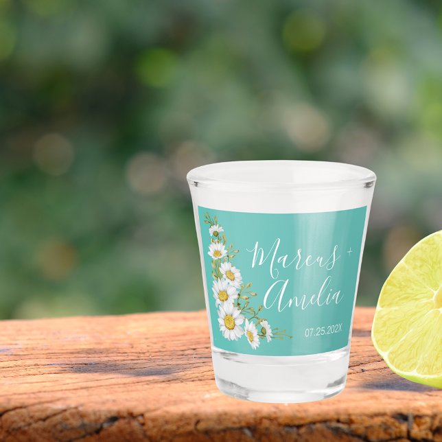 Light Teal & White Daisies Wedding   Shot Glass (Creator Uploaded)