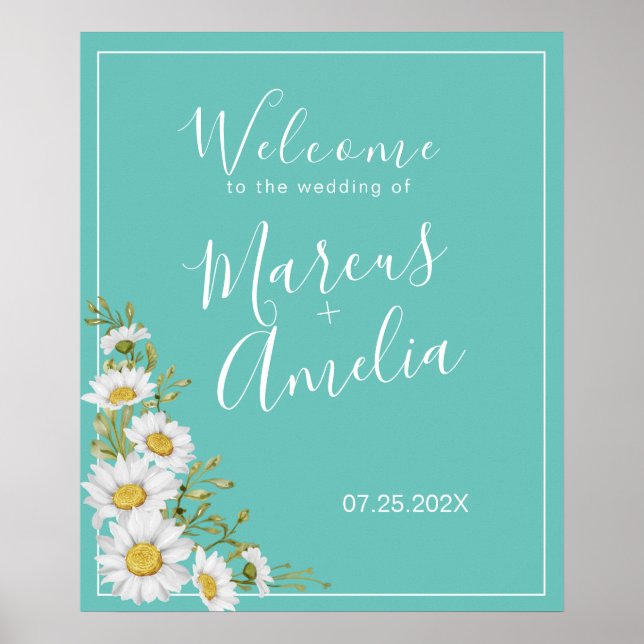 Light Teal & White Daisies Wedding Welcome  Poster (Front)