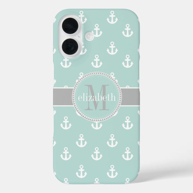 Light Teal White Grey Ship Anchors Monogram Case-Mate iPhone Case (Back)