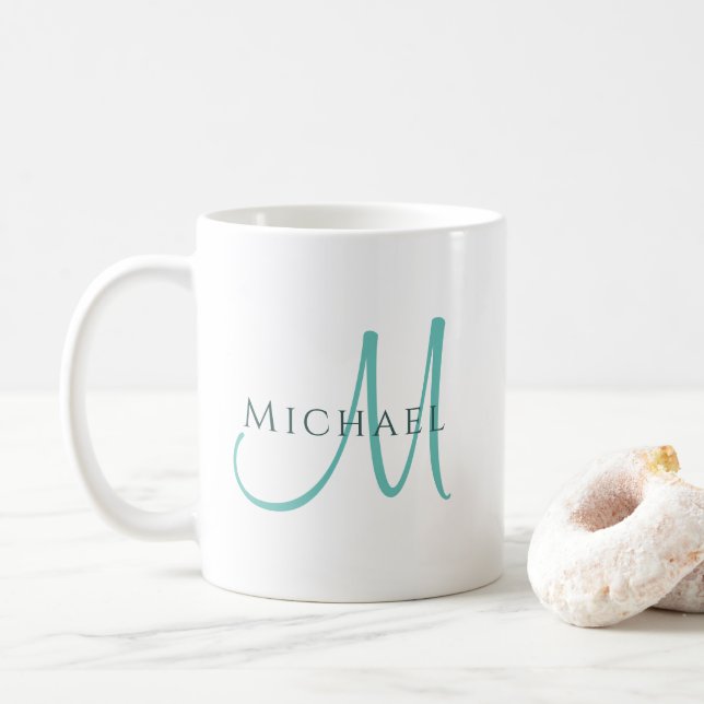 Light Teal White Initial Monogram Template Names Coffee Mug (With Donut)