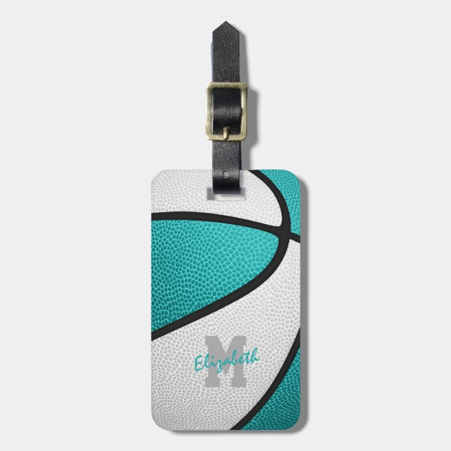 light teal white personalised girl's basketball luggage tag (Front Vertical)
